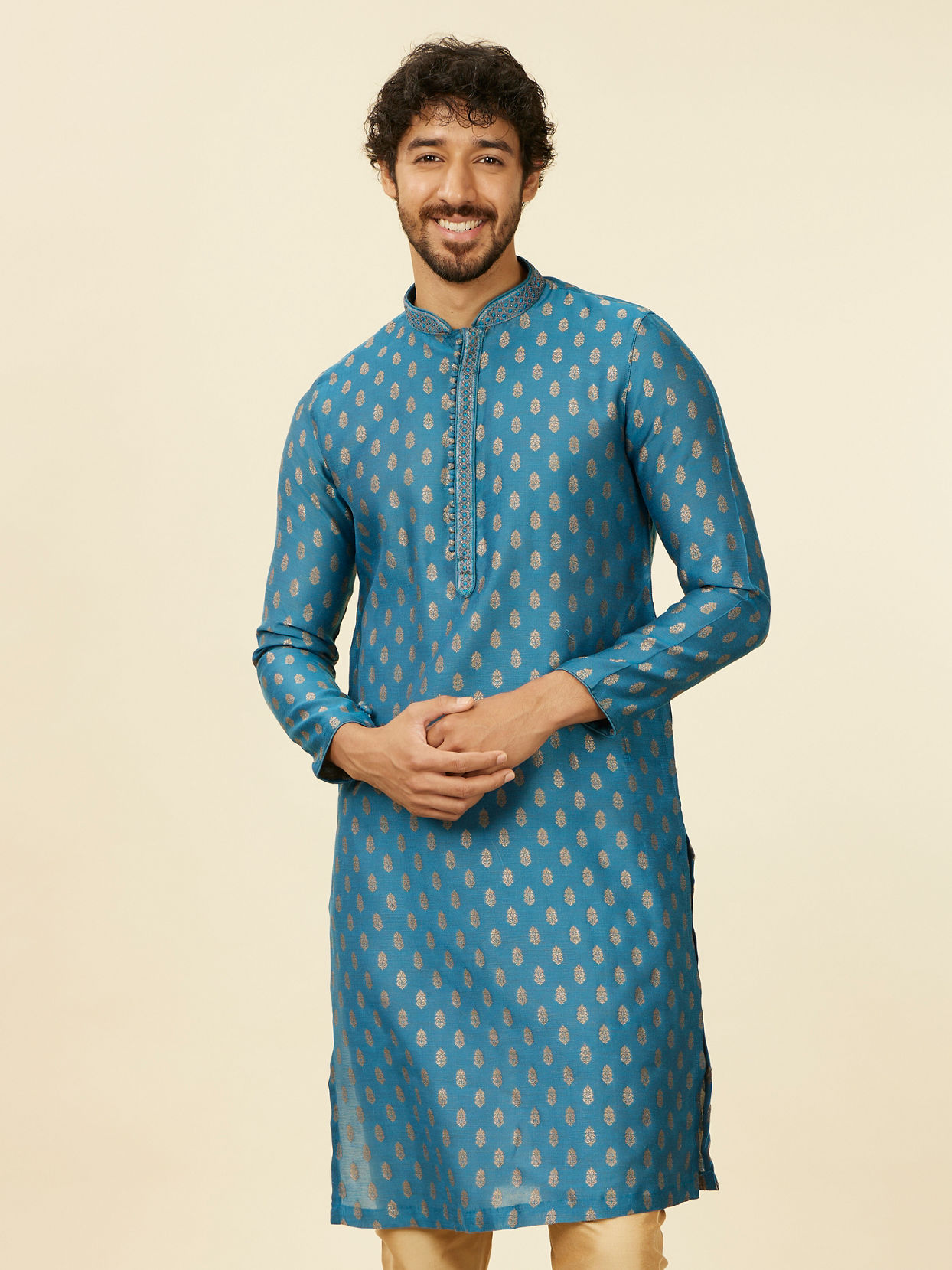 alt message - Manyavar Men Teal Blue Buta Patterned Kurta Set image number 0